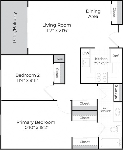 Floor plan for 2 beds, 1 bath, 836 sqft